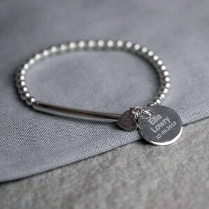 Handmade Sterling Silver Bead Stretch Bracelet with Silver Pendant, Personalised Engraving in Gift Box. Optional Heart Charm & Flower Charm upgrade.