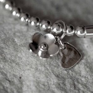 Handmade Sterling Silver Bead Stretch Bracelet with Silver Pendant, Personalised Engraving in Gift Box. Optional Heart Charm & Flower Charm upgrade.