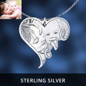 Baby Photo Necklace In Sterling Silver. Love Heart Necklace with Baby Photo Engraved Pendant on 18" chain in 925 Silver. Free Personalised Engraving on back