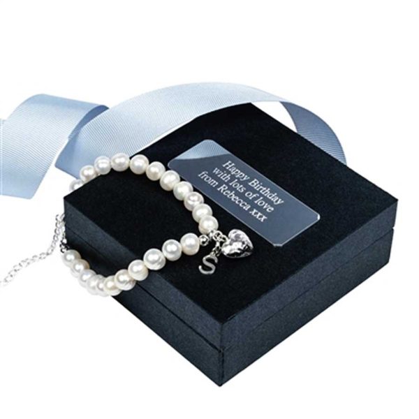 Freshwater Pearl Bracelet With Sterling Silver Initial & Silver Heart In Personalised Gift Box Engraved with 75 characters of your choice & Free Engraving.