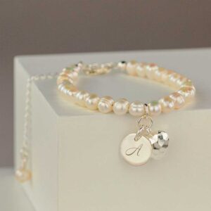 Freshwater Pearl Bracelet With Sterling Silver Initial & Silver Heart In Grey Gift Box Engraved with 75 characters of your choice & Free Engraving.