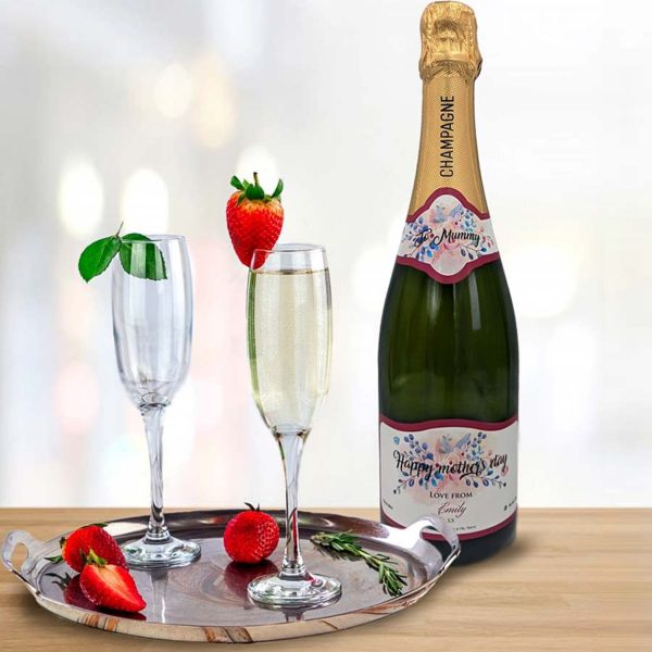 Mother's Day Champagne Bottle Gift with Personalised Label in Classic Brute, Rosé & Premium Champaign personalised on Top and Main Bottle Label.
