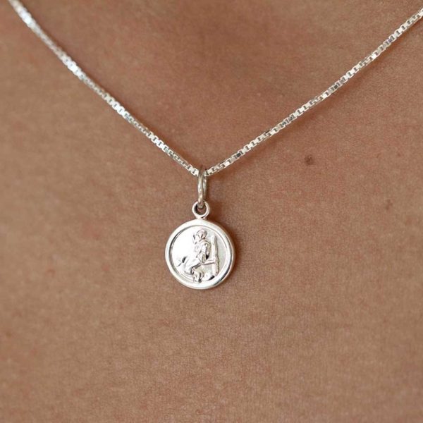 Petite Sterling Silver St Christopher Pendant Necklace In Engraved Gift Box. 16" Silver Chain St Christopher gift for Baby, Communion, Confirmation & Loved One