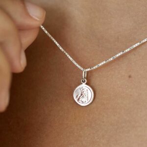 Petite Sterling Silver St Christopher Pendant Necklace In Engraved Gift Box. 16" Silver Chain St Christopher gift for Baby, Communion, Confirmation & Loved One