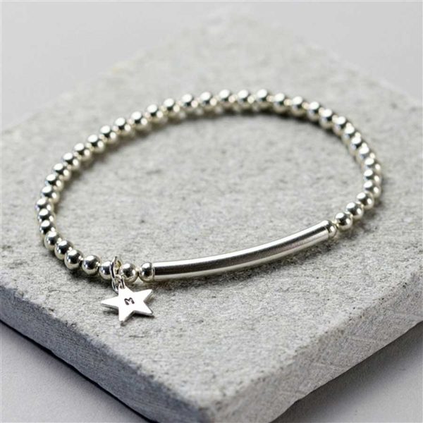 Personalised Initial Star Pendant on Sterling Silver Bead Stretch Bracelet in Personalised Engraved Gift Box. Handmade to order in three silver bracelet sizes.