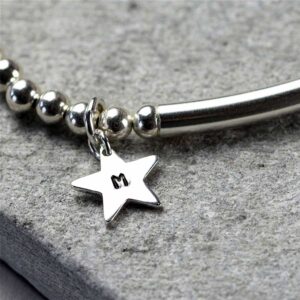 Personalised Initial Star Pendant on Sterling Silver Bead Stretch Bracelet in Personalised Engraved Gift Box. Handmade to order in three silver bracelet sizes.