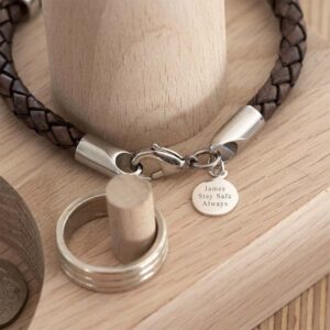 Personalised Mens Silver Compass Pendant Leather Wristband, personalised gift box with choice of Black Or Brown Leather wristband bracelet with Engraving.