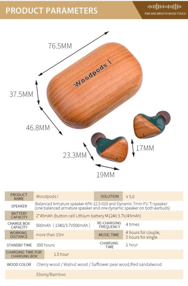 Wireless Bluetooth Wooden Ear Bud Earphones In FSC Wood. TWS, 300 Hrs Standby, Bluetooth v5.0, Charge 1 Hr, 4+ Hrs Music Time at 15m. Ships From Ireland.