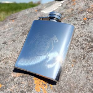 Logo Engraved Compact 3oz Hip Flask with Capture Top. Hip Flask Branded with Logo Graphic & Text in Carton Box + Wrapping, Gift Box & Filling Funnel Options