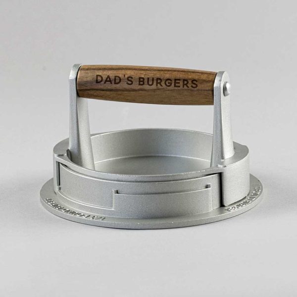 Personalised Burger Press for Handmade Homemade Burgers. Acacia Wood Handle Engraved with 20 Characters for Dad, BBQ's and Burger Night Fun!