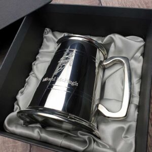 Personalised Hurling Tankard for Hurlers with GAA Hurling Club or County Logo or Crest Engraved on Back in Tankard Gift Box. Hurling Tankard is Handmade & Engraved to Order.