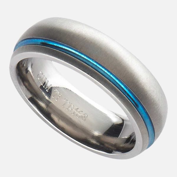 Men's Wedding Ring Handmade In Titanium with unique Blue-Purple Anodised Groove. Made To Order Mens Titanium Wedding Ring with Personalised Engraving.