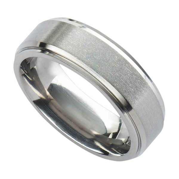 Men's Wedding Ring Handmade In Titanium with Bevelled, Stepped Double Edge & Satin Finish Centre. Made To Order Mens Titanium Wedding Ring with Engraving.
