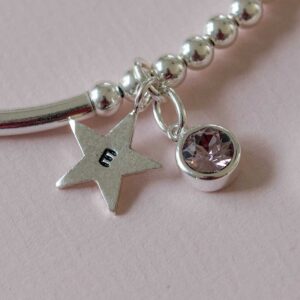 Birthstone & Star Initial Charm Personalised Silver Bracelet in a Personalised Gift Box. Choice of Swarovski Crystal Birthstone & Hand Stamped Silver Initial.