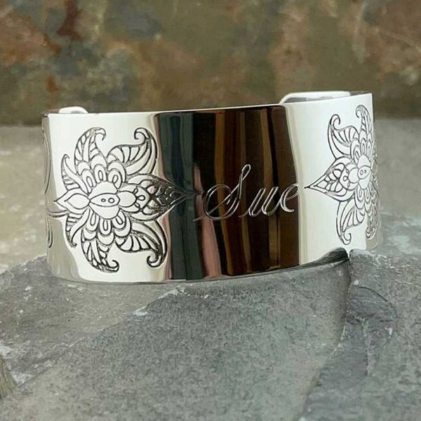 Personalised Embossed Flower Silver Cuff Bangle. Handmade & Hallmarked Silver Cuff Bangle Engraved on Outside & Inside. Handmade Silver Ladies Gift For Her
