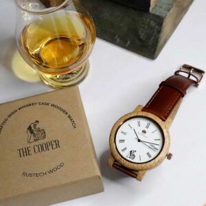 Handmade Irish Whiskey Cask Wood Watch with Free Personalised Engraving. "The Cooper" is Handcrafted in Galway, Ireland from Irish Distillery Cask Oak Barrels.