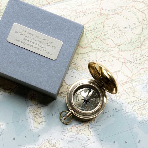 Brass Compass with Personalised Initials in Engraved Gift Box. Compass personalised with four initials free engraving & gift box personalised with 75 characters. Shipped direct to Ireland.