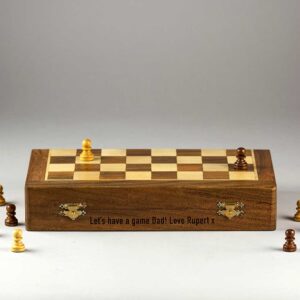 Personalised Chess Set: Chess Set Personalised with Free Engraving, Handcrafted in Sustainable Wood featuring Vintage Style Brass Detailing engraved with up to 40 Letters.
