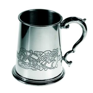 Celtic Dragon Tankard. Handmade Pewter Celtic Tankard with optional Personalised Engraving, Satin Gift Box & Gift Wrapping. Handmade & Engraved To Order. Shipped direct to Ireland.
