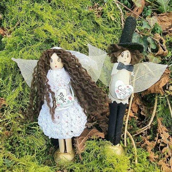 Personalised Bride & Groom Cake Topper. Custom Peg Doll Fairy Wedding Cake Topper with Bride & Groom Name & Hair. Handmade by "Donegal Fairies", Ireland
