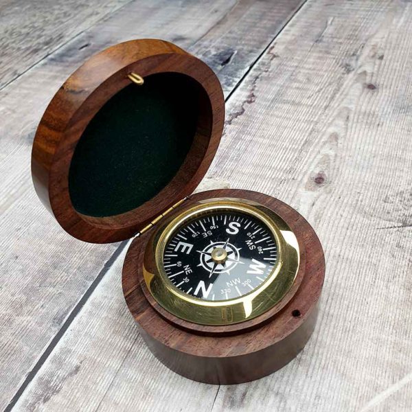 Personalised Brass Compass In Engraved Wooden Box. Compass Gift for Yachtsman, Yachtswoman, Sailor or Traveller with Free Personalised Engraving. Shipped direct to Ireland.