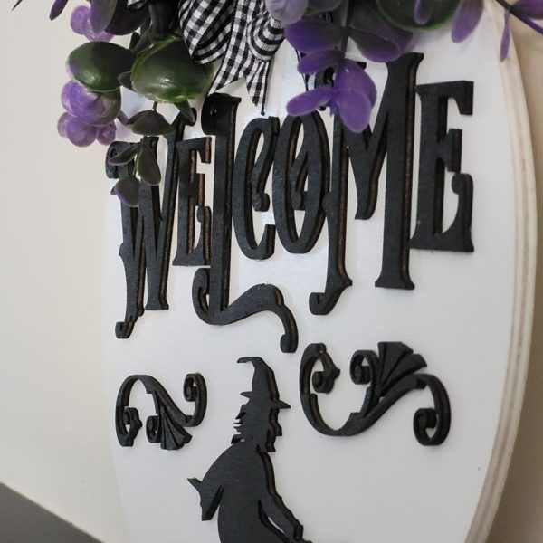 Wooden Halloween Witch Door Sign to Welcome Callers on Halloween. 3D Door Sign Featuring a Hand-Painted Welcome, Witch & Broom. Handmade in Ireland on ShopStreet.ie - Handmade & Personalised Gifts Ireland