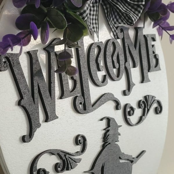 Wooden Halloween Witch Door Sign to Welcome Callers on Halloween. 3D Door Sign Featuring a Hand-Painted Welcome, Witch & Broom. Handmade in Ireland on ShopStreet.ie - Handmade & Personalised Gifts Ireland
