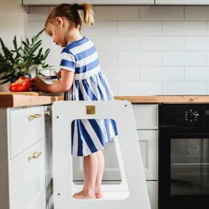White Kitchen Helper Tower Step Stool. Scandinavian Design Premium White Kitchen Helper Tower for Children. Adjustable Height to Help Mum & Dad.