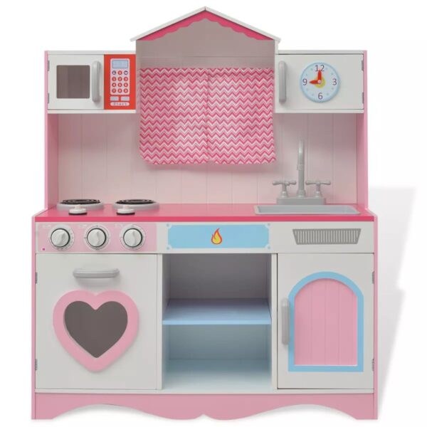 Pink & White Toy Play Kitchen with Windows & Curtains. Toy Kitchen Play Set with Sink & Tap, Cooker Hob, Oven, Microwave, Clock, Press with two-tiered shelf.