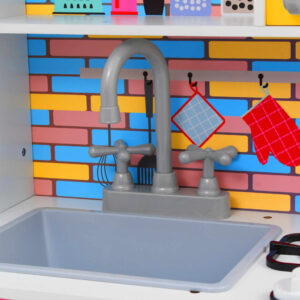 Kids Multicoloured Toy Kitchen featuring Fridge. Toy Kitchen with Kitchenware, Appliances, such as the Cooker, Sink, Taps & Microwave.