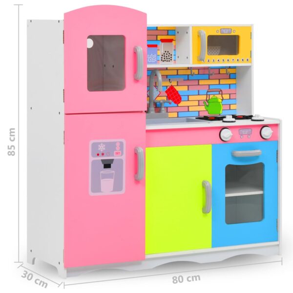 Kids Multicoloured Toy Kitchen featuring Fridge. Toy Kitchen with Kitchenware, Appliances, such as the Cooker, Sink, Taps & Microwave.