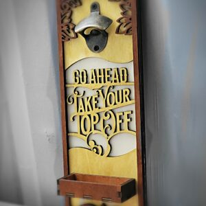 Personalised Wall Mounted Bottle Opener & Cap Catcher with Free Engraved Text for Indoor or Outdoor use in Kitchen, Garden, Garage, Bars, Games Room, Ireland.