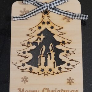 Handmade, Wooden Christmas Card With Simple Toy Christmas Tree Decoration Gift. Laser cut Ecological Plywood wood Xmas Tree Card Gift Ireland.