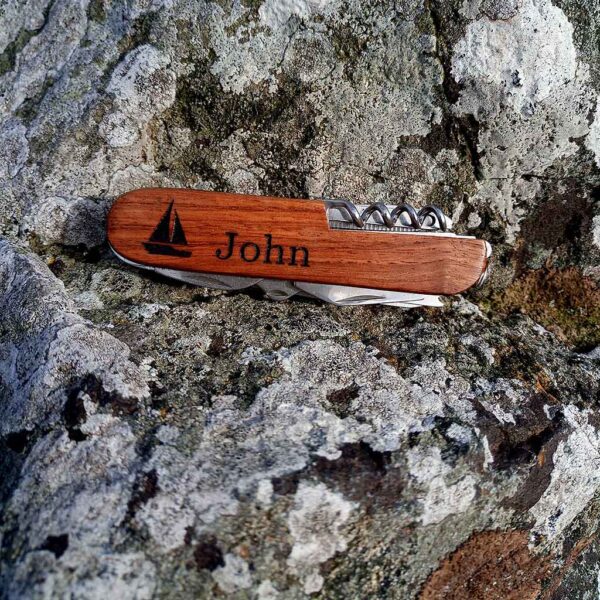 Personalised Multi Tool Penknife Engraved With Name & Image or Logo on Wooden Pocket Penknife. Knife Name Engraving, Shipped From Galway, Ireland.