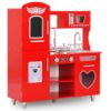 Kids Red Toy Kitchen featuring Sink with Taps, Cordless Phone, Fridge & Water dispenser, Blackboard, Microwave and Storage Presses. Delivered Direct to Ireland.