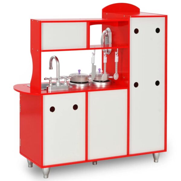 Kids Red Toy Kitchen featuring Sink with Taps, Cordless Phone, Fridge & Water dispenser, Blackboard, Microwave and Storage Presses. Delivered Direct to Ireland.