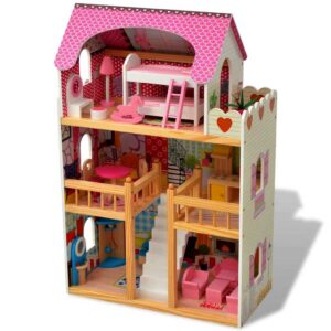 Wooden Dolls House Ireland - Three Floor / Storey Childs Toy Doll's House with Living, Kitchen & Dining Rooms, Bathroom, Bedroom & 18 Piece Furniture Set. 60x30x90cm