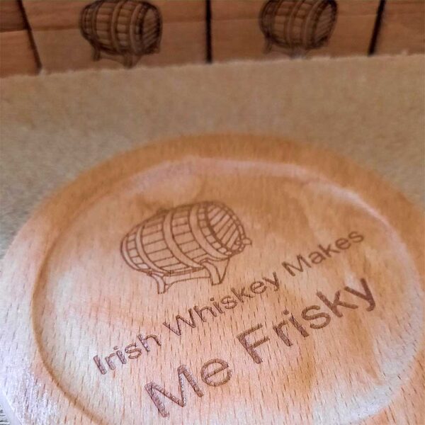 Irish Whiskey Coasters. Set of six Fun Whiskey Banter Coasters in Holder with optional Personalised Name Engraving. Shipped From Galway, Ireland.