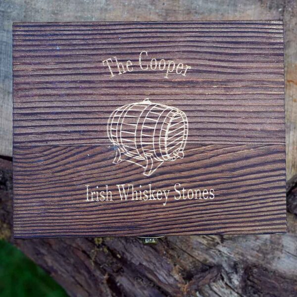 Irish Whiskey Stones In Personalised Engraved Gift Box. Whiskey Stones Gift laser engraved in Galway, Ireland. Free engraving on inside lid. Whisky present, Ireland