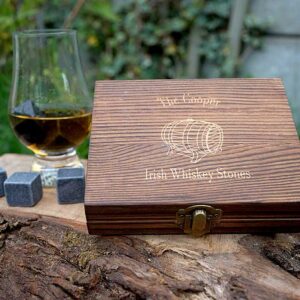 Irish Whiskey Stones In Personalised Engraved Gift Box. Whiskey Stones Gift laser engraved in Galway, Ireland. Free engraving on inside lid. Whisky present, Ireland