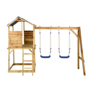 Playhouse Swing Set with Two Swings, Wooden Play Tower & Ladder. Wooden Playhouse Climbing Frame Outdoor Play Set in Impregnated Pine, Ireland.