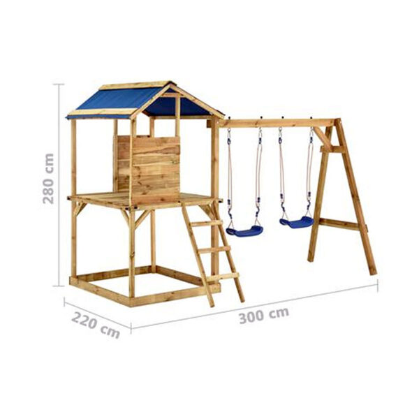 Playhouse Swing Set with Two Swings, Wooden Play Tower & Ladder. Wooden Playhouse Climbing Frame Outdoor Play Set in Impregnated Pine, Ireland.