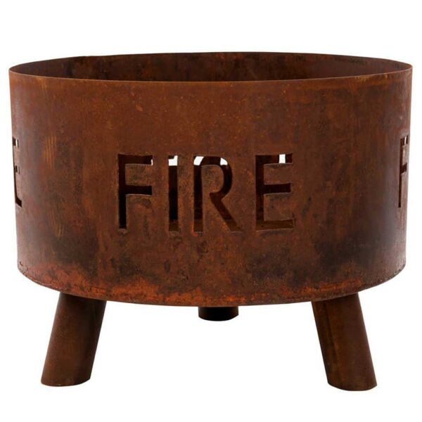 Handmade Fire Pit Ireland. Fire Bowl With "Fire" Cut Out Text & Polished Aged Finish for Patio, Deck & Garden delivered to All Locations in Rep Of Ireland.