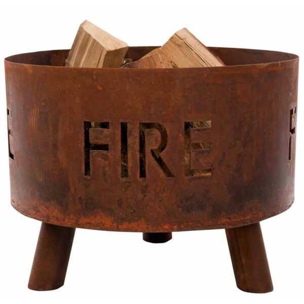 Handmade Fire Pit Ireland. Fire Bowl With "Fire" Cut Out Text & Polished Aged Finish for Patio, Deck & Garden delivered to All Locations in Rep Of Ireland.