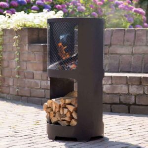 Black Fire Pit - Fire Pit with Log Wood Storage for Patio & Garden. Two In One Matt Black Power Coated Steel Firepit & Wood Storage Delivered, Ireland.