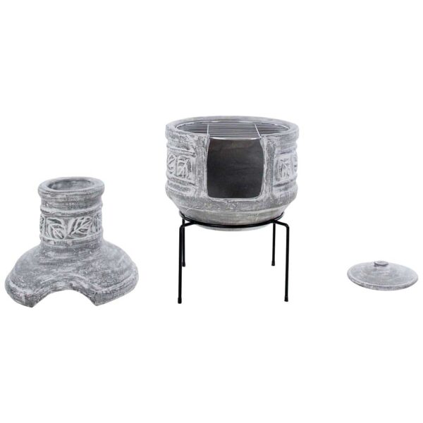 Chiminea & BBQ Grill Delivered Ireland - Two Piece Grey Clay Chiminea, BBQ Grill & Poker for Patio & Garden delivered to All Locations in Republic Of Ireland