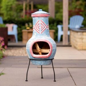 Blue & Red Chiminea Delivered Ireland - Blue & Red Clay Chiminea, Lid & Poker for Patio & Garden delivered to All Locations in Republic Of Ireland.