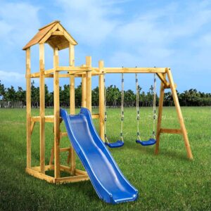 Playhouse Swing & Slide Set with Two Garden Swings, Wooden Play Tower, Slide & Ladder. Wooden Playhouse Outdoor Play Set in Impregnated Pine, Ireland.