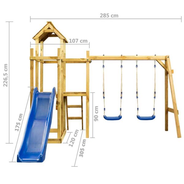 Playhouse Swing & Slide Set with Two Garden Swings, Wooden Play Tower, Slide & Ladder. Wooden Playhouse Outdoor Play Set in Impregnated Pine, Ireland.