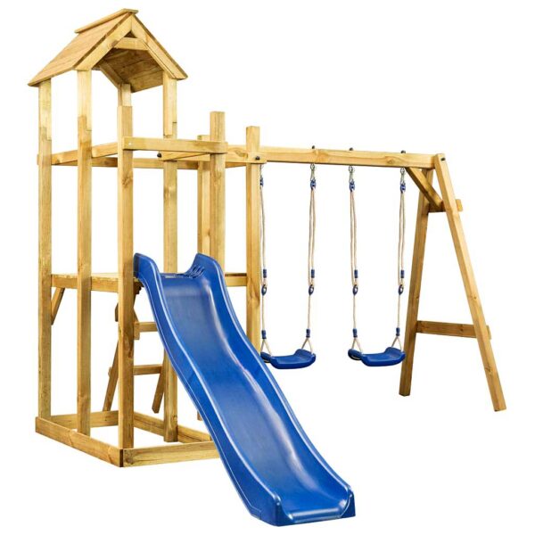Playhouse Swing & Slide Set with Two Garden Swings, Wooden Play Tower, Slide & Ladder. Wooden Playhouse Outdoor Play Set in Impregnated Pine, Ireland.